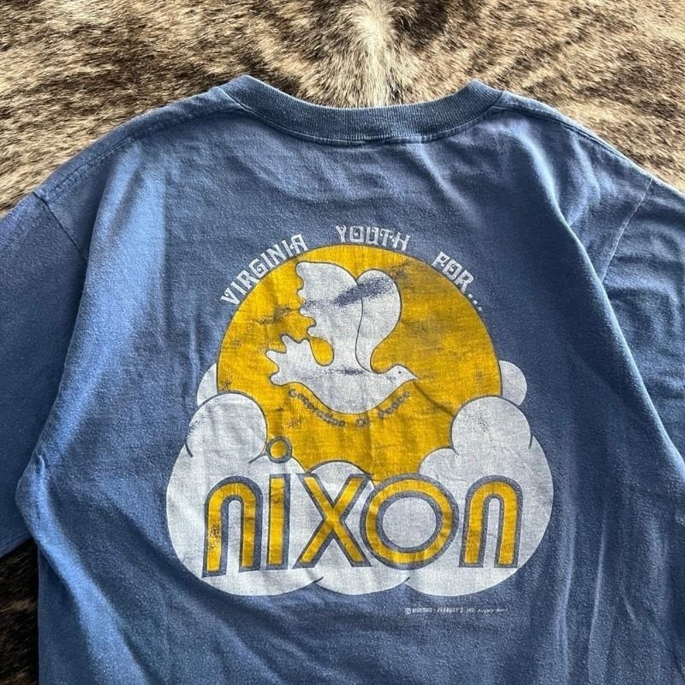 Vintage Richard Nixon Campaign Shirt Mens Large Blue 1970s USA President